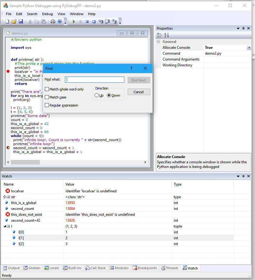 Find functionality in the main document Window of PyDebug++