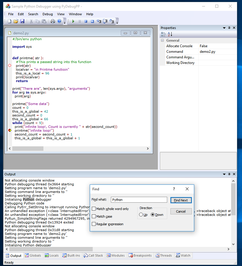 Find functionality in the Output Window of PyDebug++