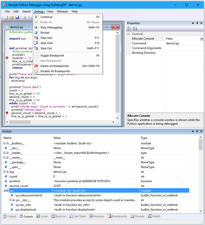 Debug Menu and Globals Window of PyDebug++