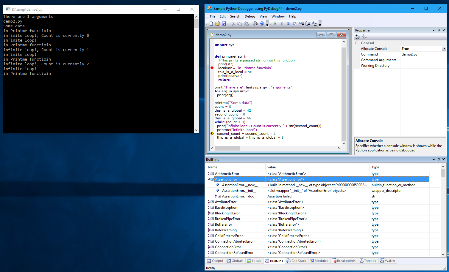 Console and Built-Ins Window of PyDebug++