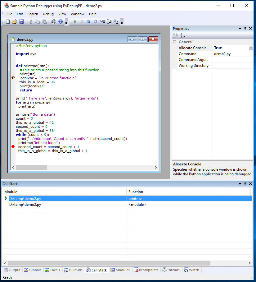 The Call Stack Window of PyDebug++