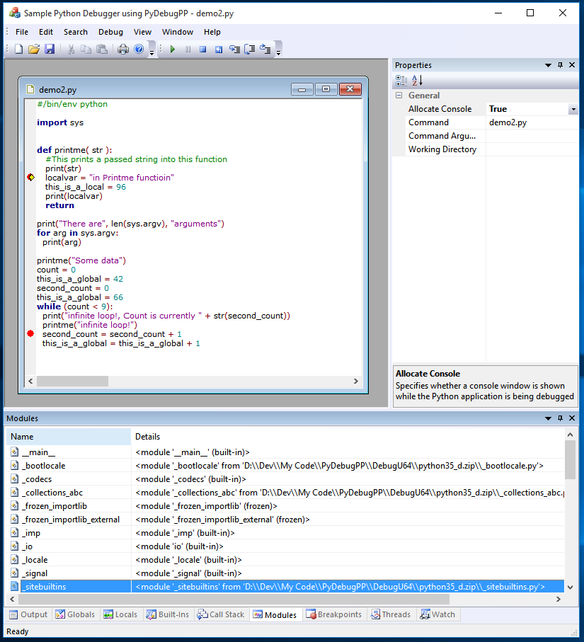 The Modules Window of PyDebug++