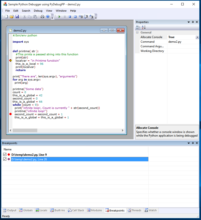 The Breakpoints Window of PyDebug++