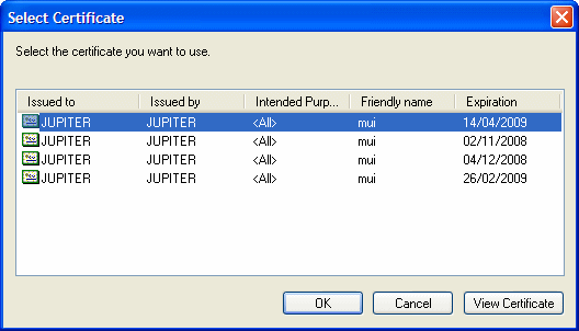 Sample screen capture of CSelectCertificateDlg